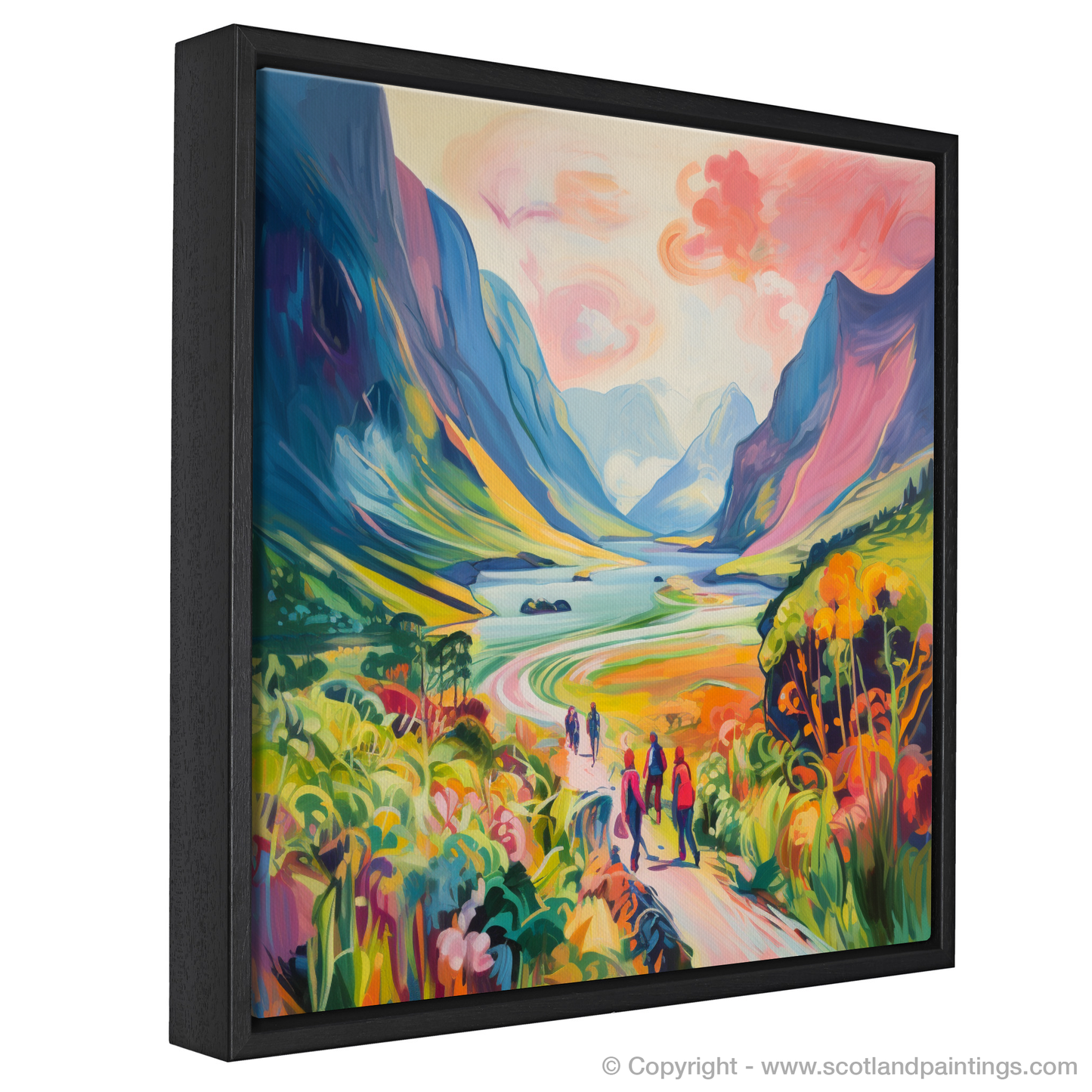 Painting and Art Print of Hikers in Glencoe during summer. Summer Hike in Vibrant Glencoe.