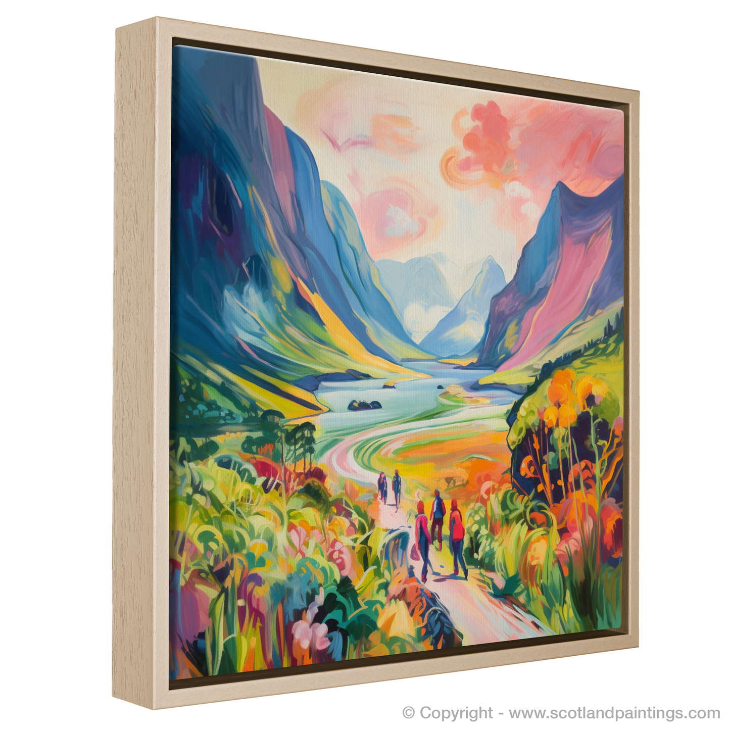 Painting and Art Print of Hikers in Glencoe during summer. Summer Hike in Vibrant Glencoe.