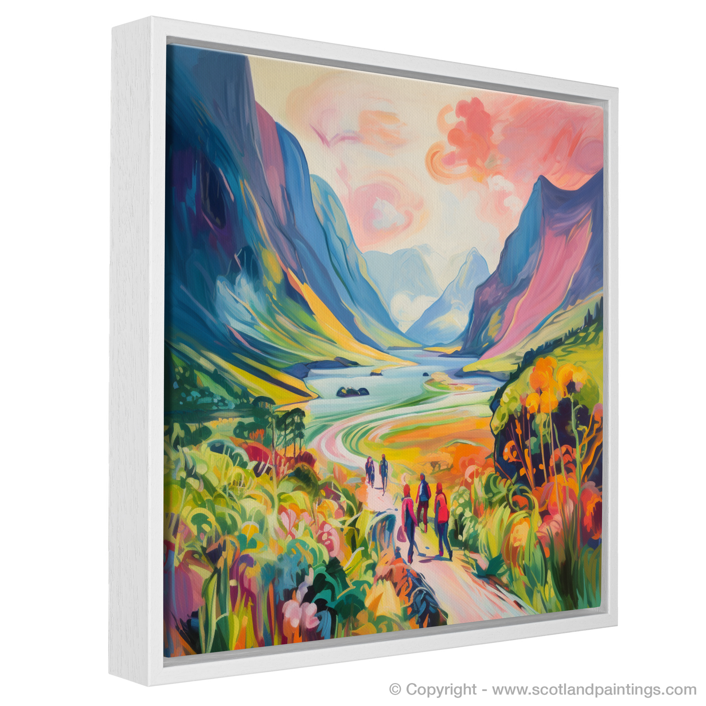 Painting and Art Print of Hikers in Glencoe during summer. Summer Hike in Vibrant Glencoe.