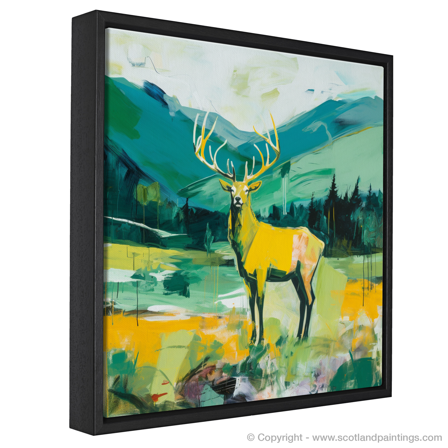 Painting and Art Print of A stag in Glencoe during summer. Majestic Stag of Glencoe: A Modern Scottish Summer Symphony.