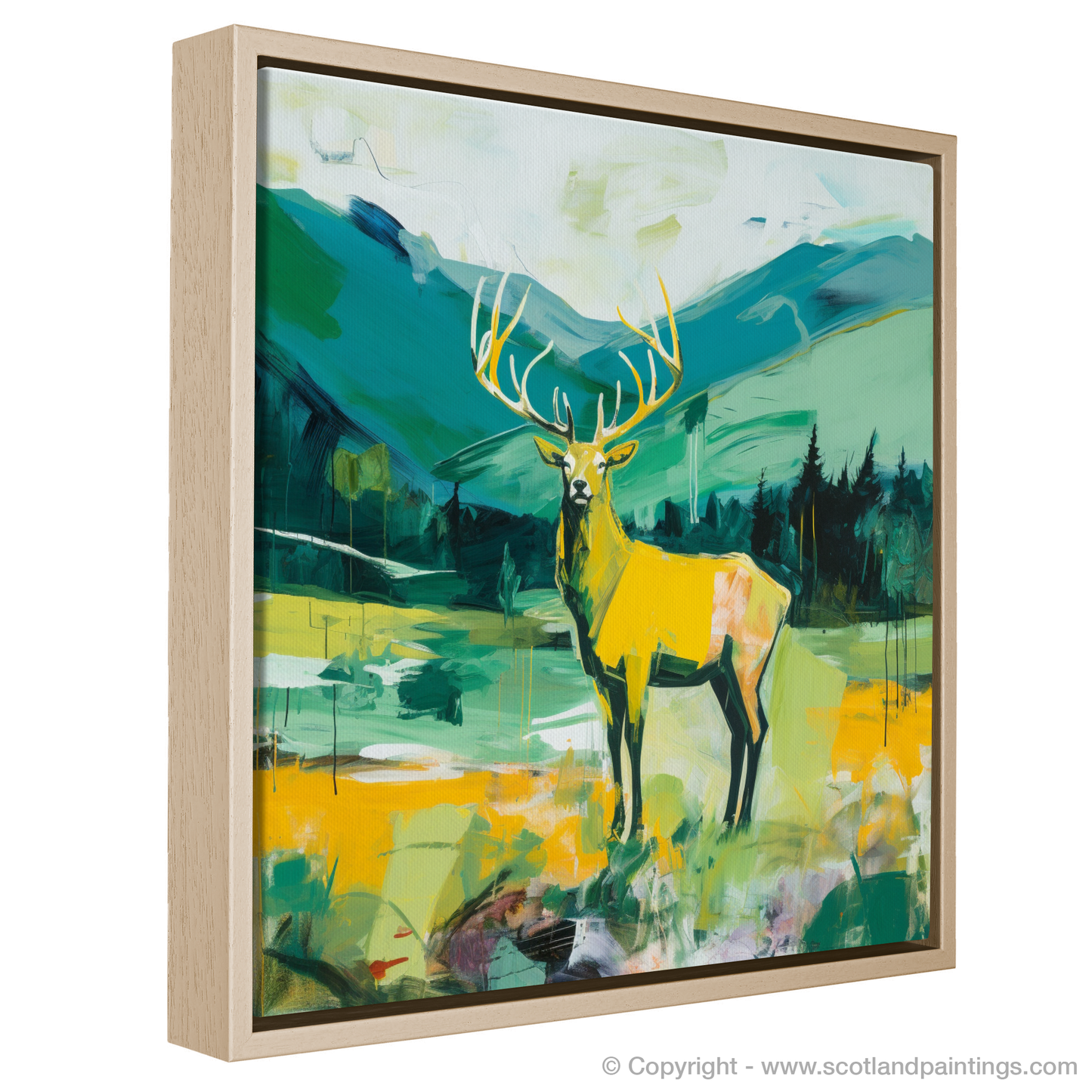 Painting and Art Print of A stag in Glencoe during summer. Majestic Stag of Glencoe: A Modern Scottish Summer Symphony.