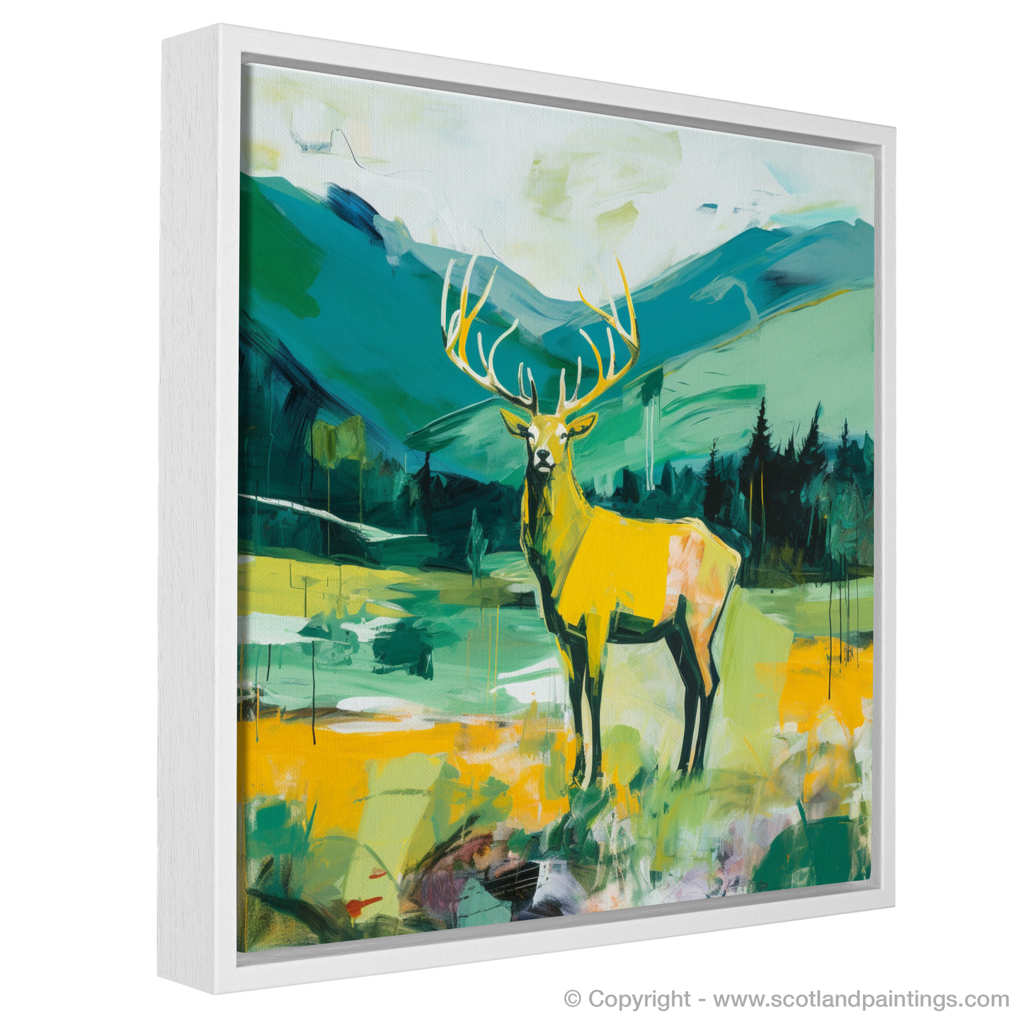 Painting and Art Print of A stag in Glencoe during summer. Majestic Stag of Glencoe: A Modern Scottish Summer Symphony.