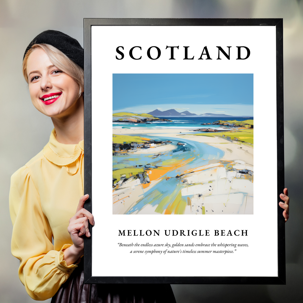 Person holding a poster of Mellon Udrigle Beach