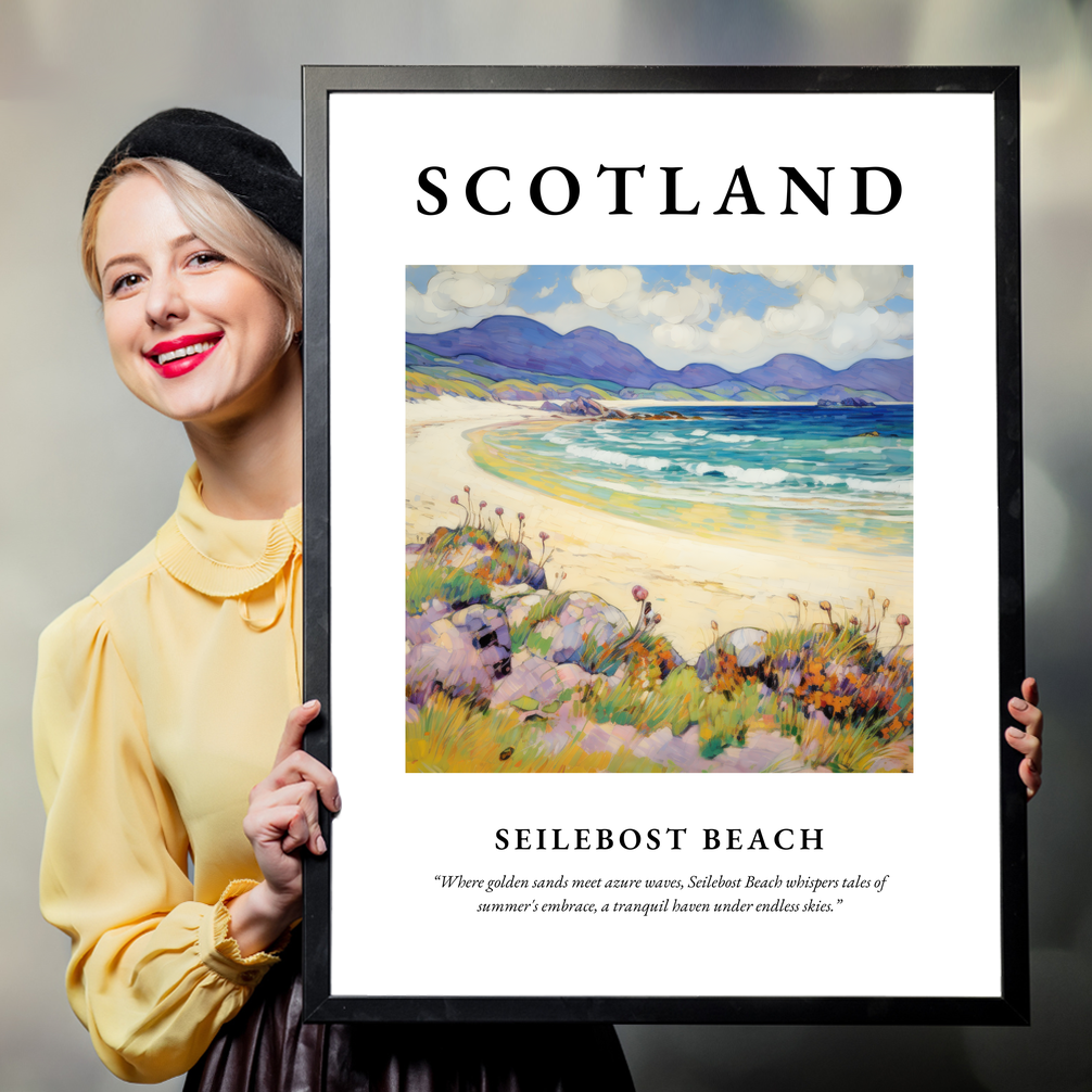 Person holding a poster of Seilebost Beach