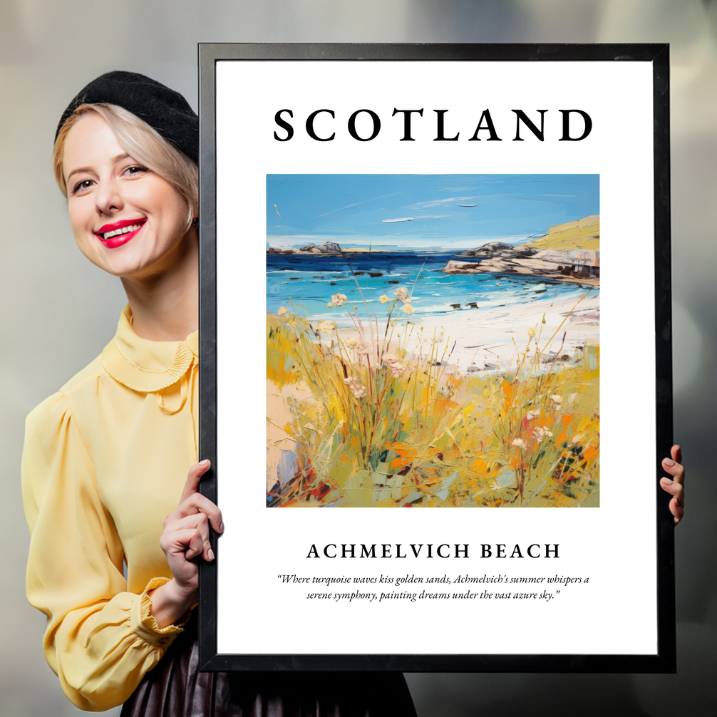 Person holding a poster of Achmelvich Beach