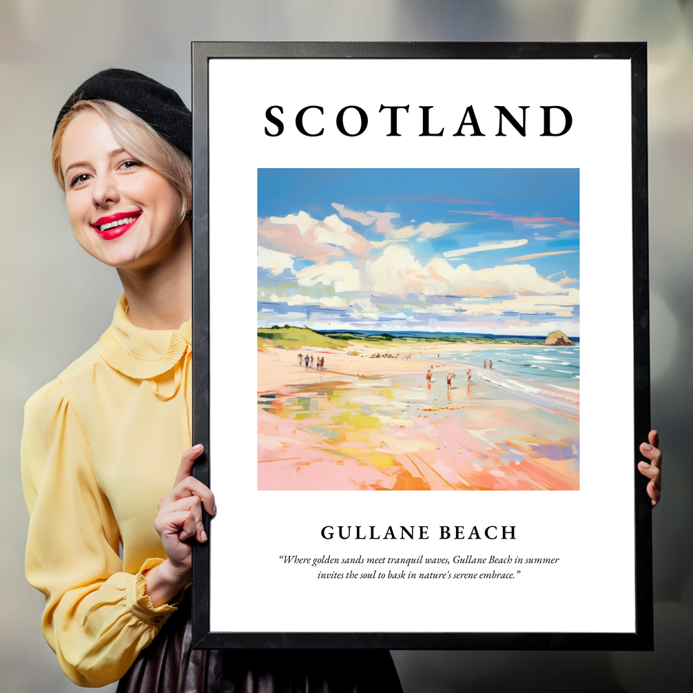 Person holding a poster of Gullane Beach