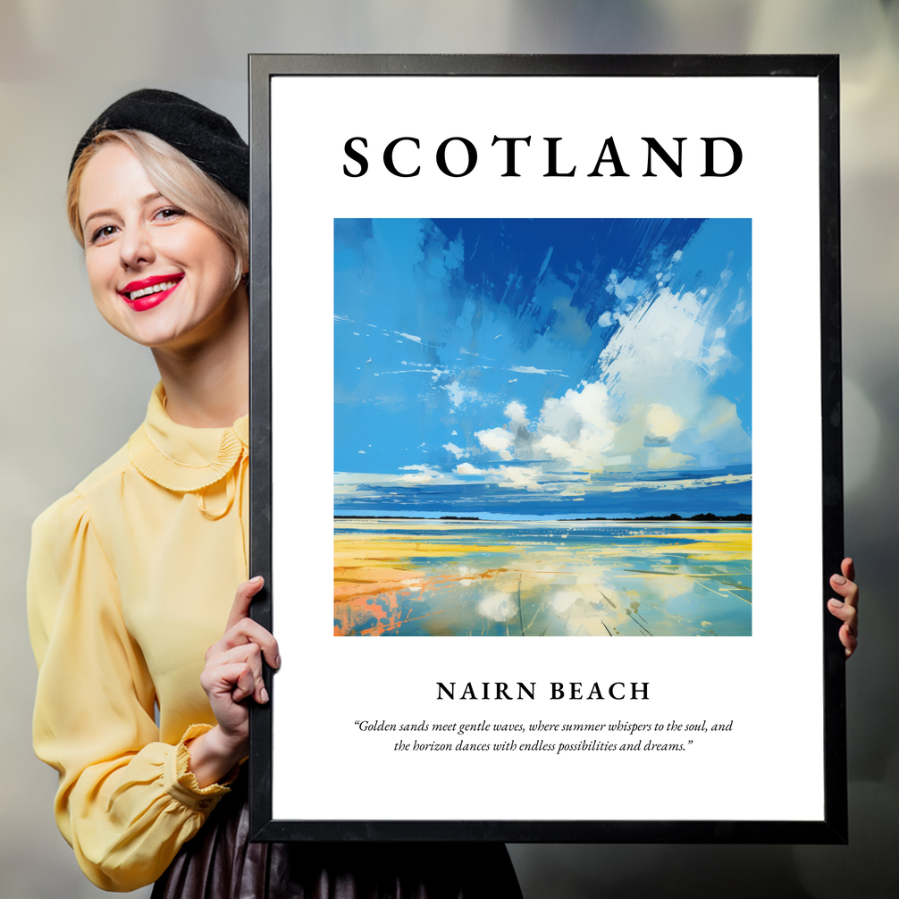 Person holding a poster of Nairn Beach