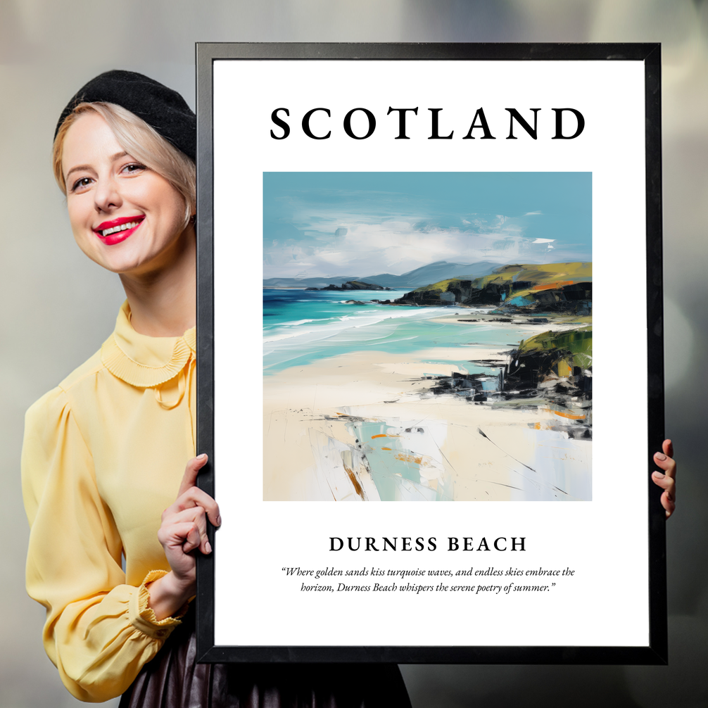 Person holding a poster of Durness Beach