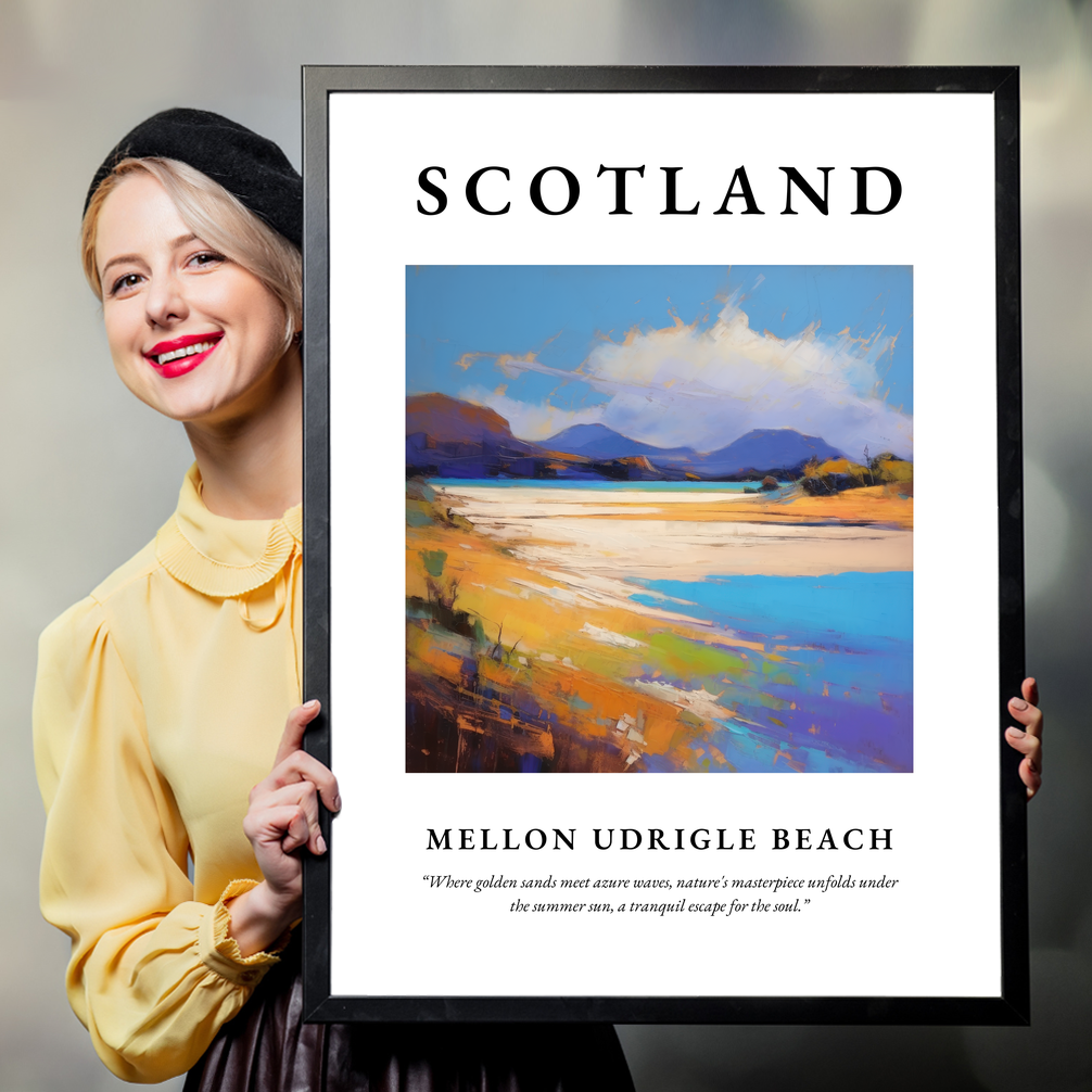 Person holding a poster of Mellon Udrigle Beach