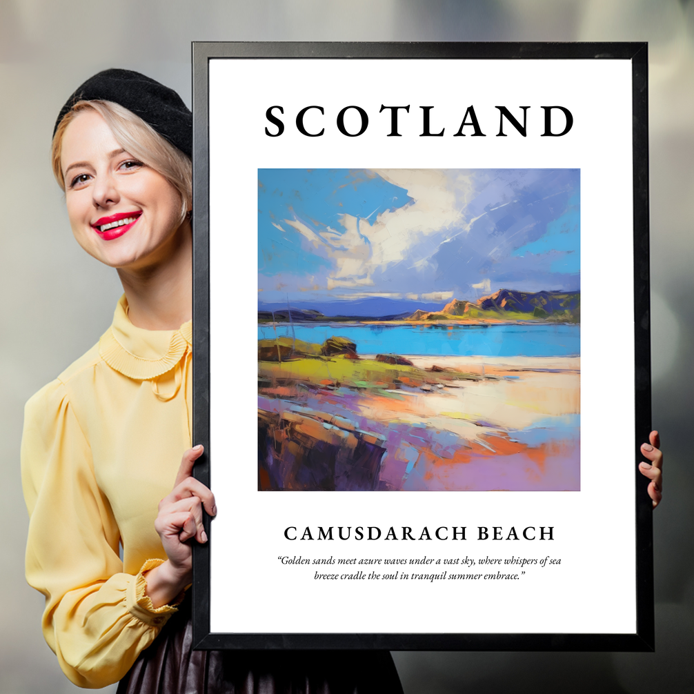 Person holding a poster of Camusdarach Beach