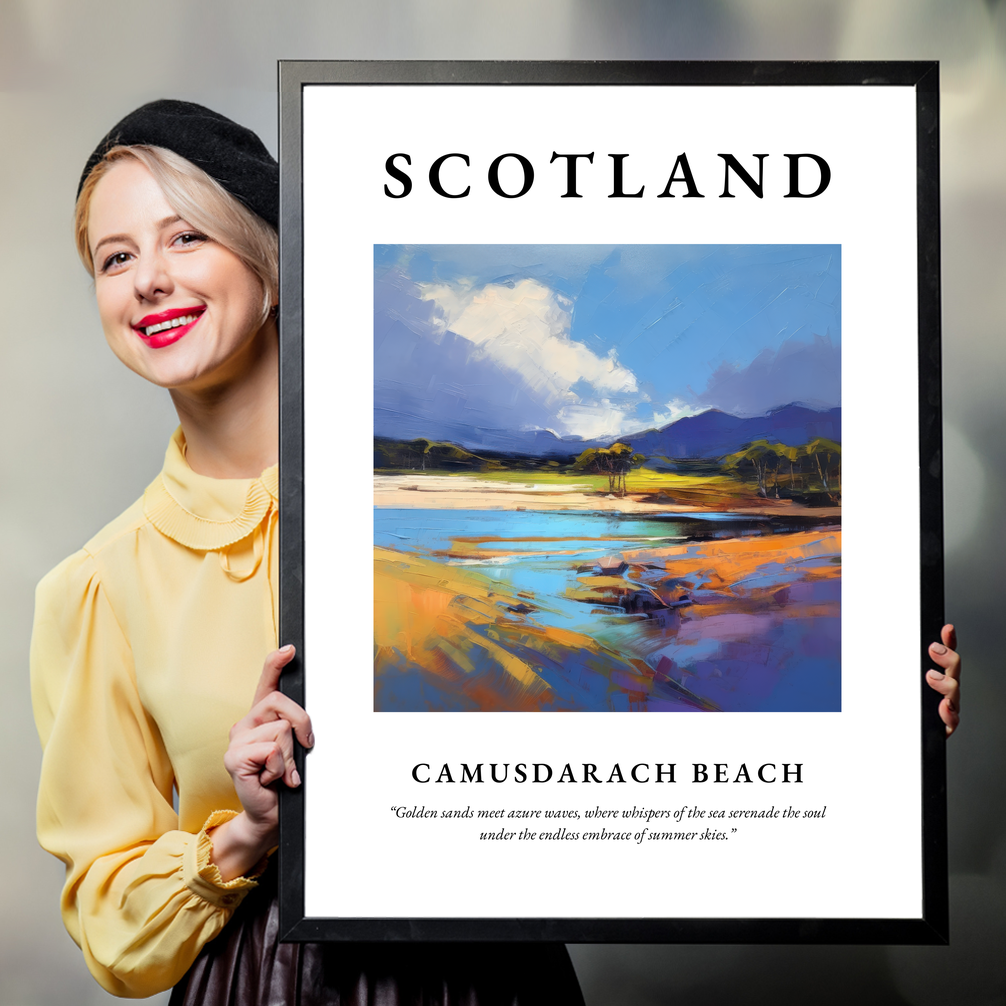 Person holding a poster of Camusdarach Beach