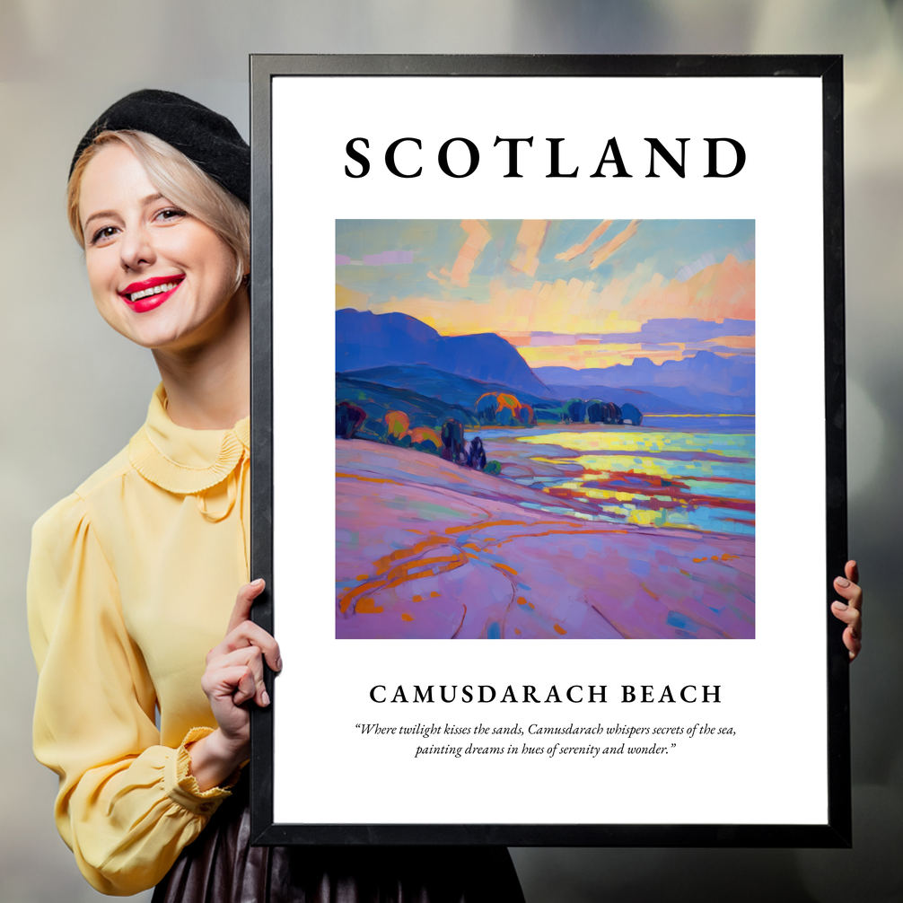 Person holding a poster of Camusdarach Beach