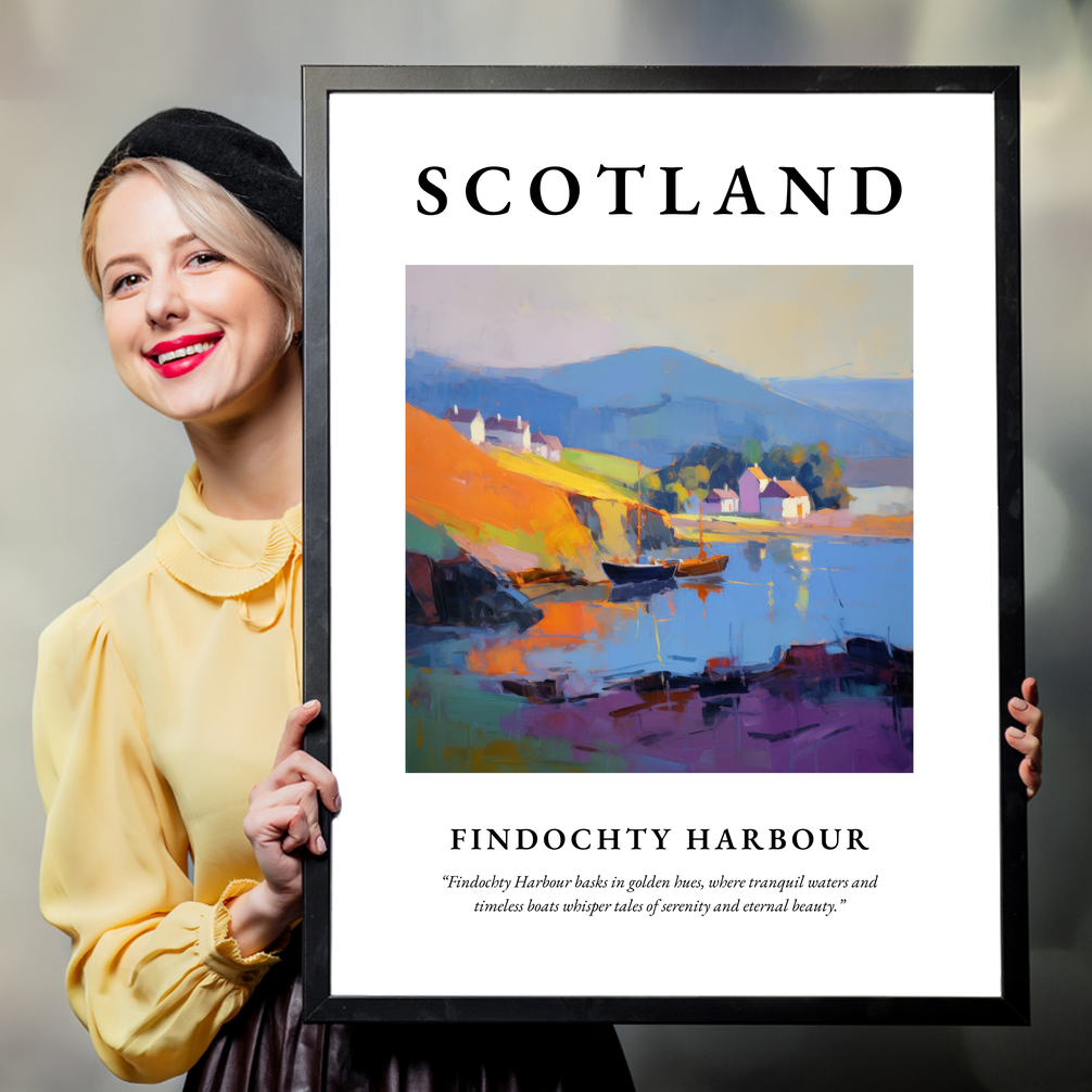 Person holding a poster of Findochty Harbour