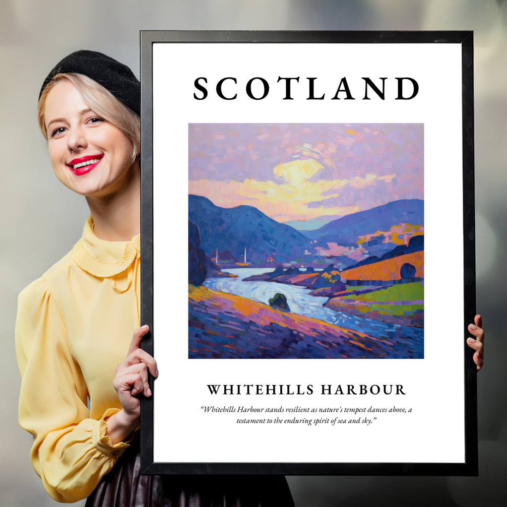 Person holding a poster of Whitehills Harbour