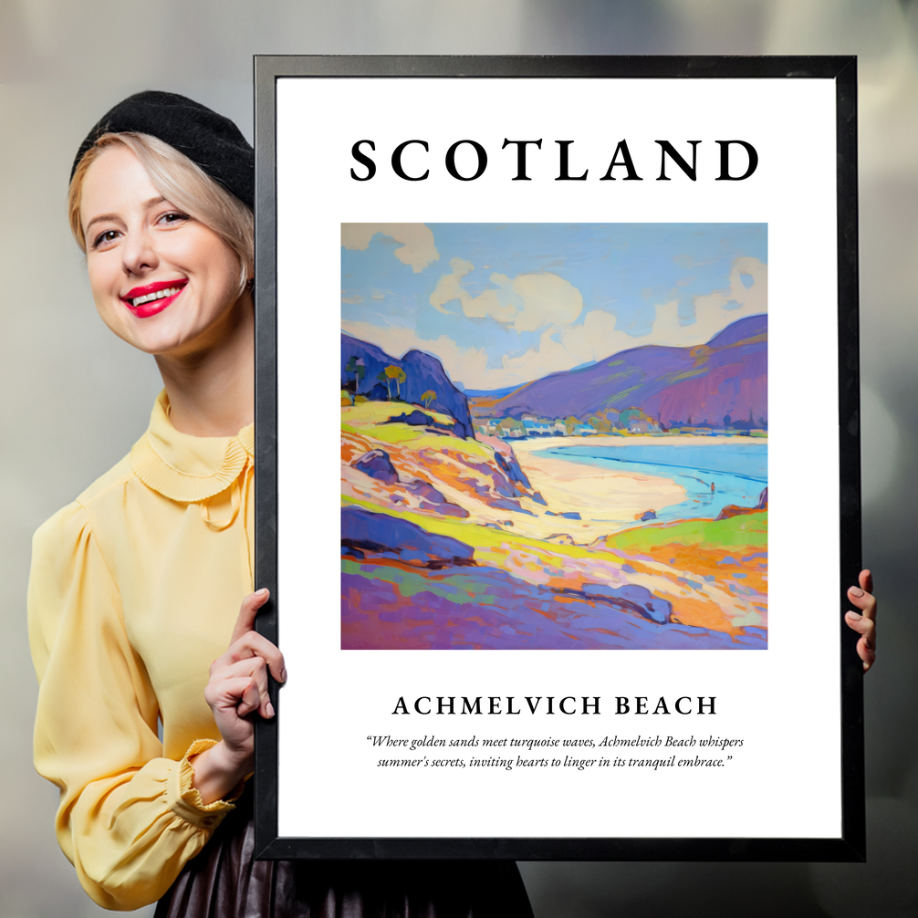 Person holding a poster of Achmelvich Beach