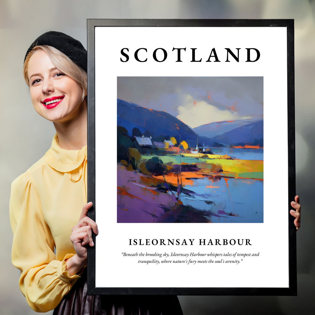 Person holding a poster of Isleornsay Harbour