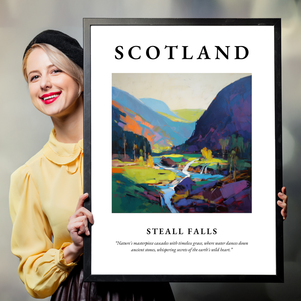 Person holding a poster of Steall Falls