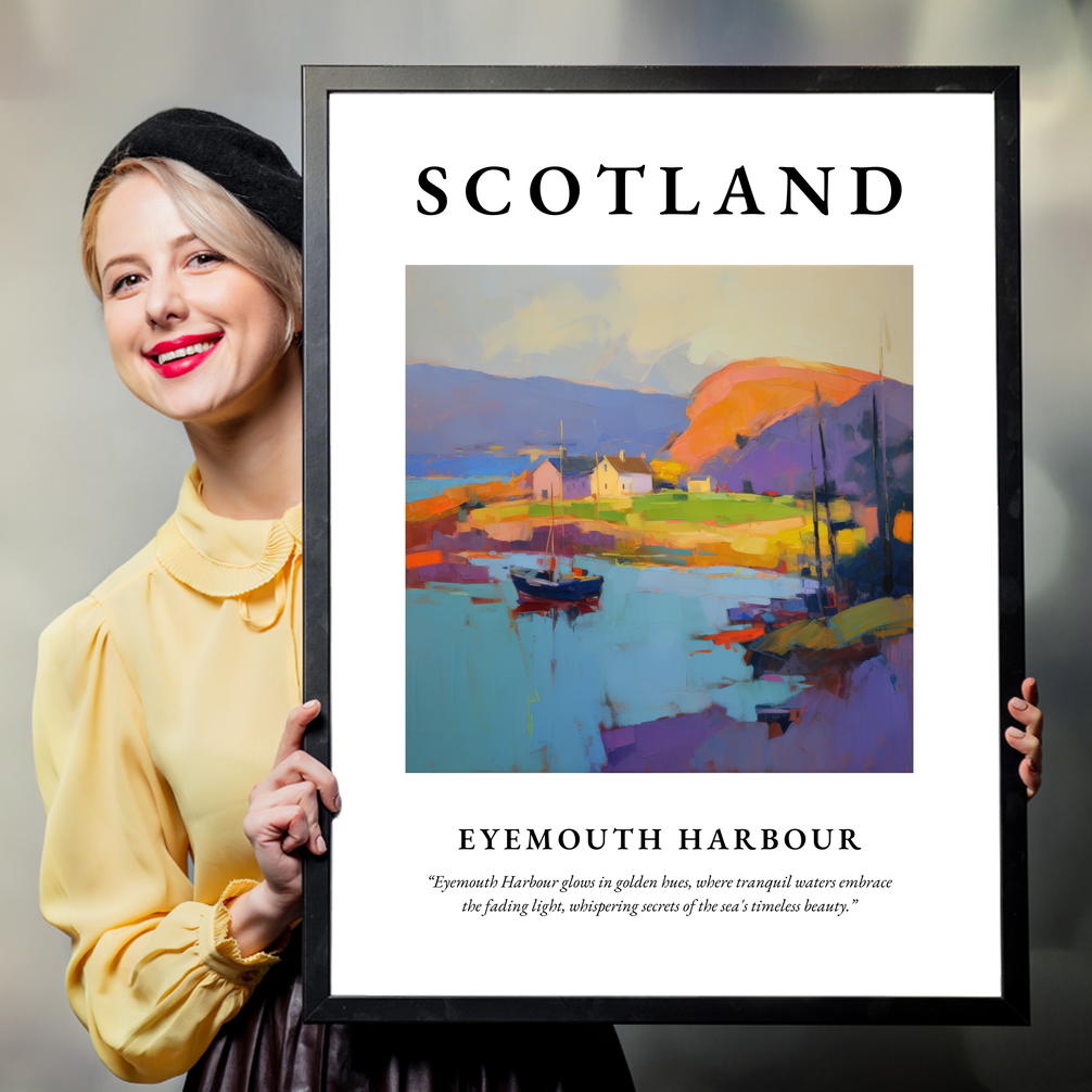 Person holding a poster of Eyemouth Harbour