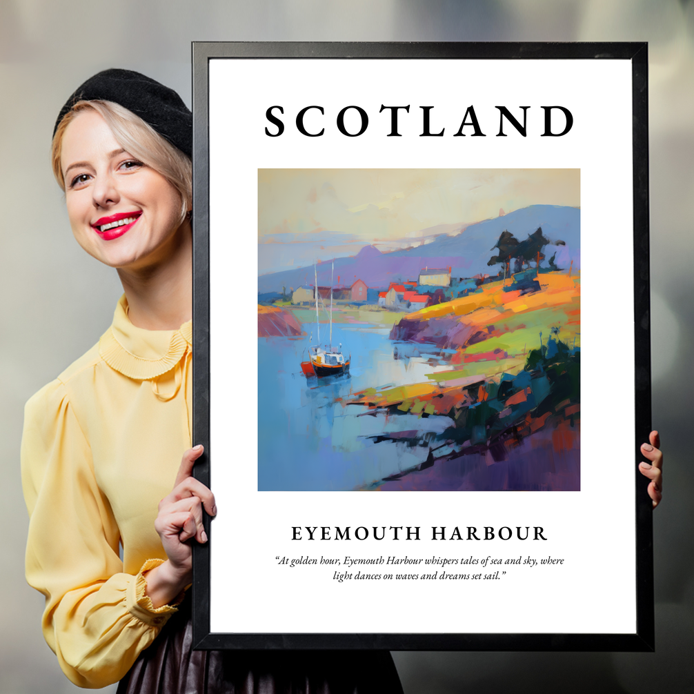 Person holding a poster of Eyemouth Harbour