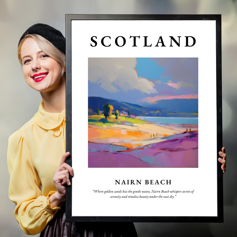 Person holding a poster of Nairn Beach