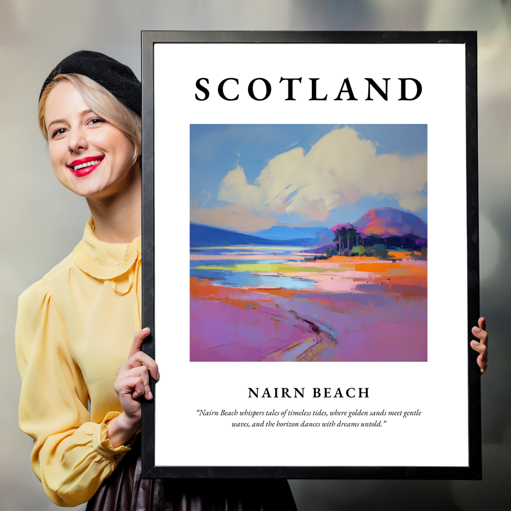 Person holding a poster of Nairn Beach