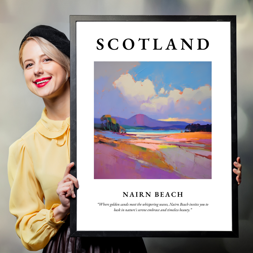 Person holding a poster of Nairn Beach