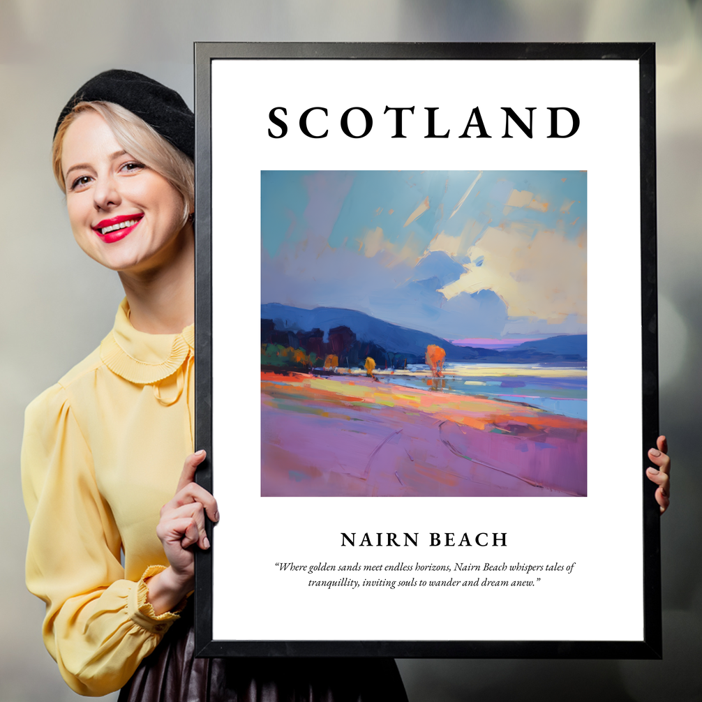 Person holding a poster of Nairn Beach