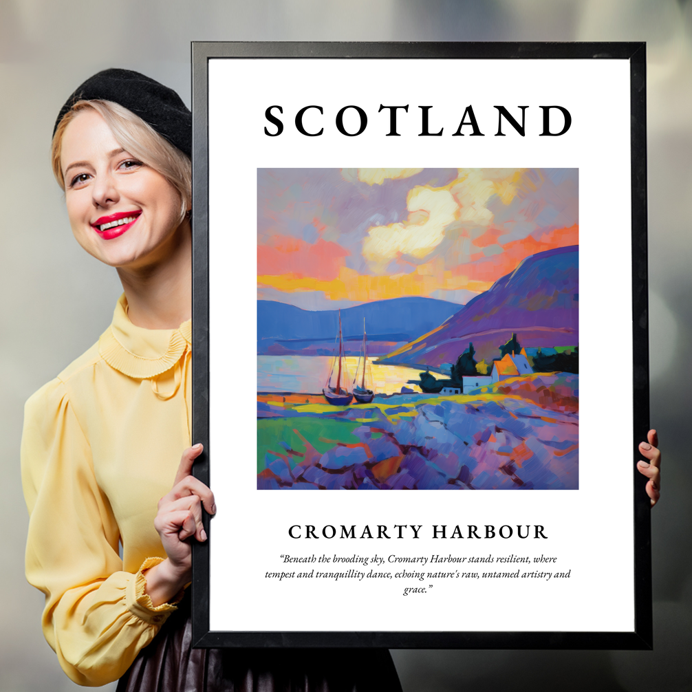 Person holding a poster of Cromarty Harbour