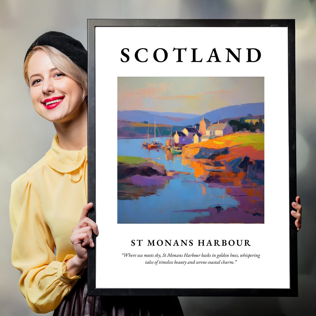 Person holding a poster of St Monans Harbour