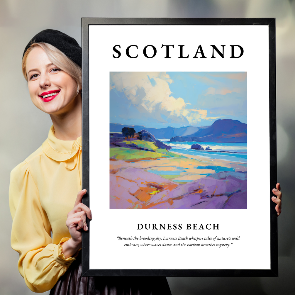 Person holding a poster of Durness Beach