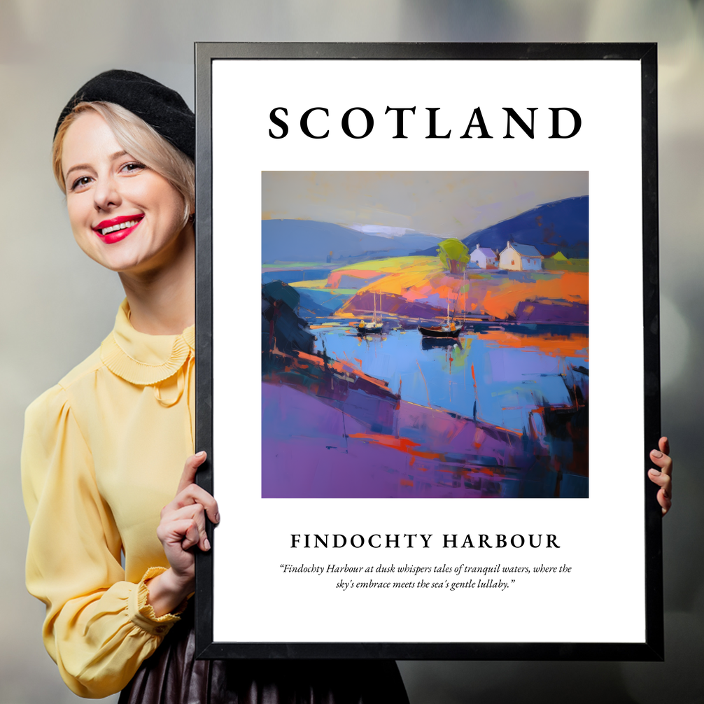 Person holding a poster of Findochty Harbour