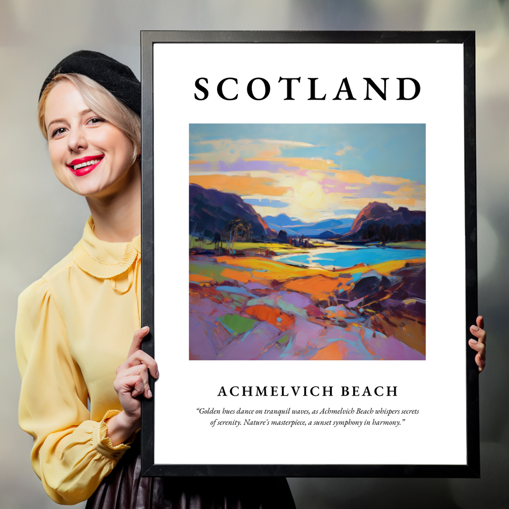 Person holding a poster of Achmelvich Beach