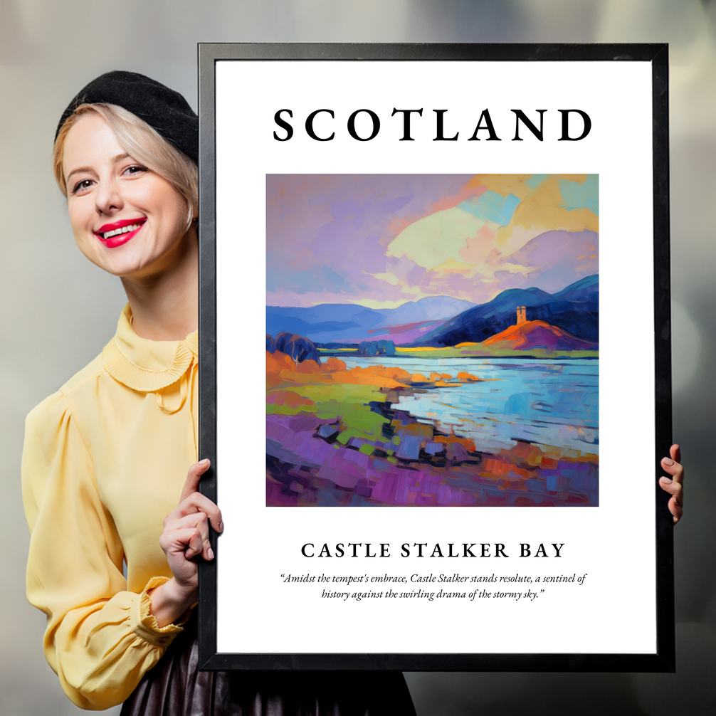 Person holding a poster of Castle Stalker Bay