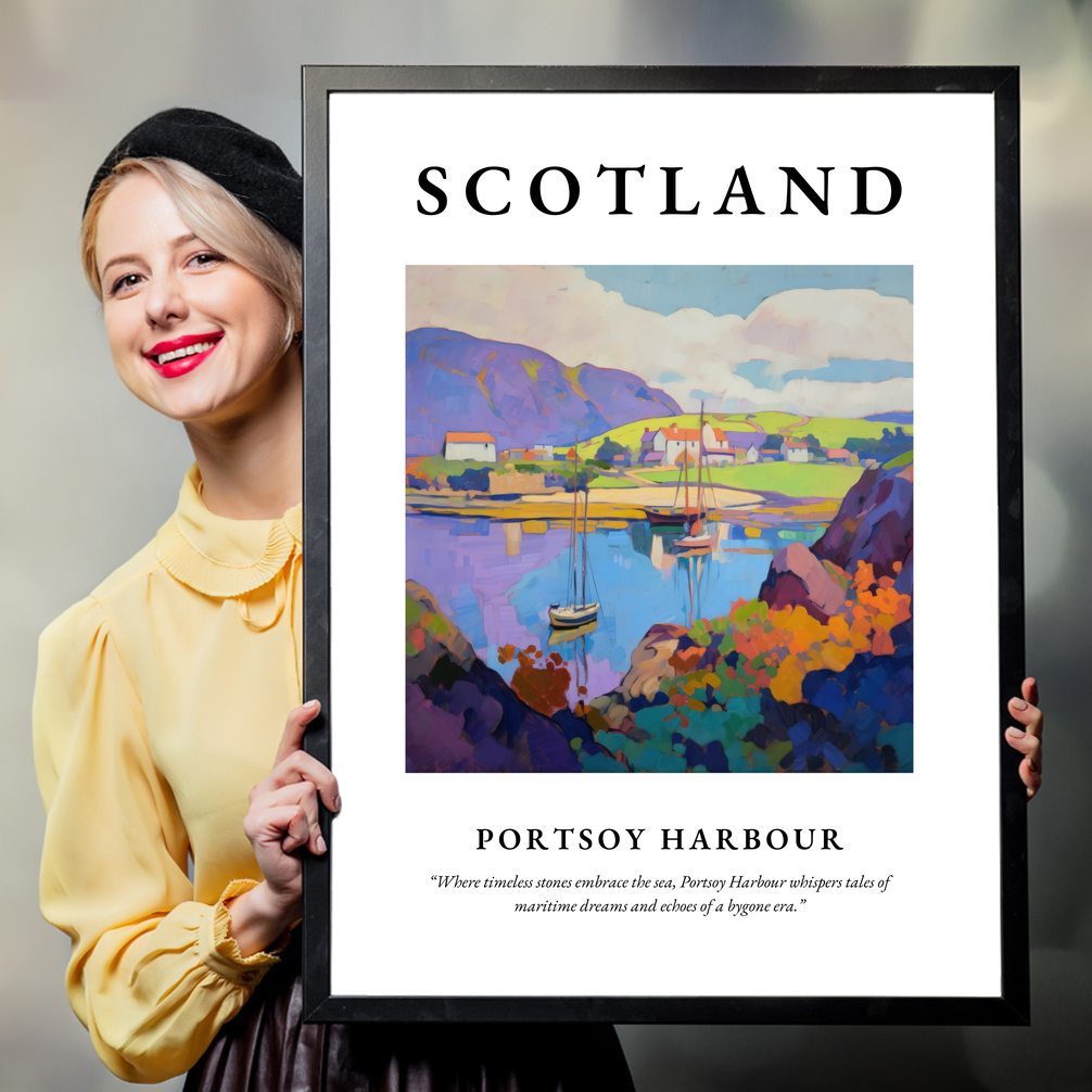 Person holding a poster of Portsoy Harbour