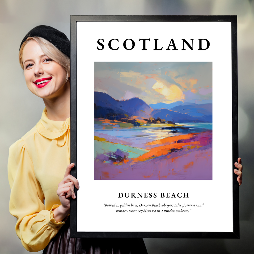 Person holding a poster of Durness Beach