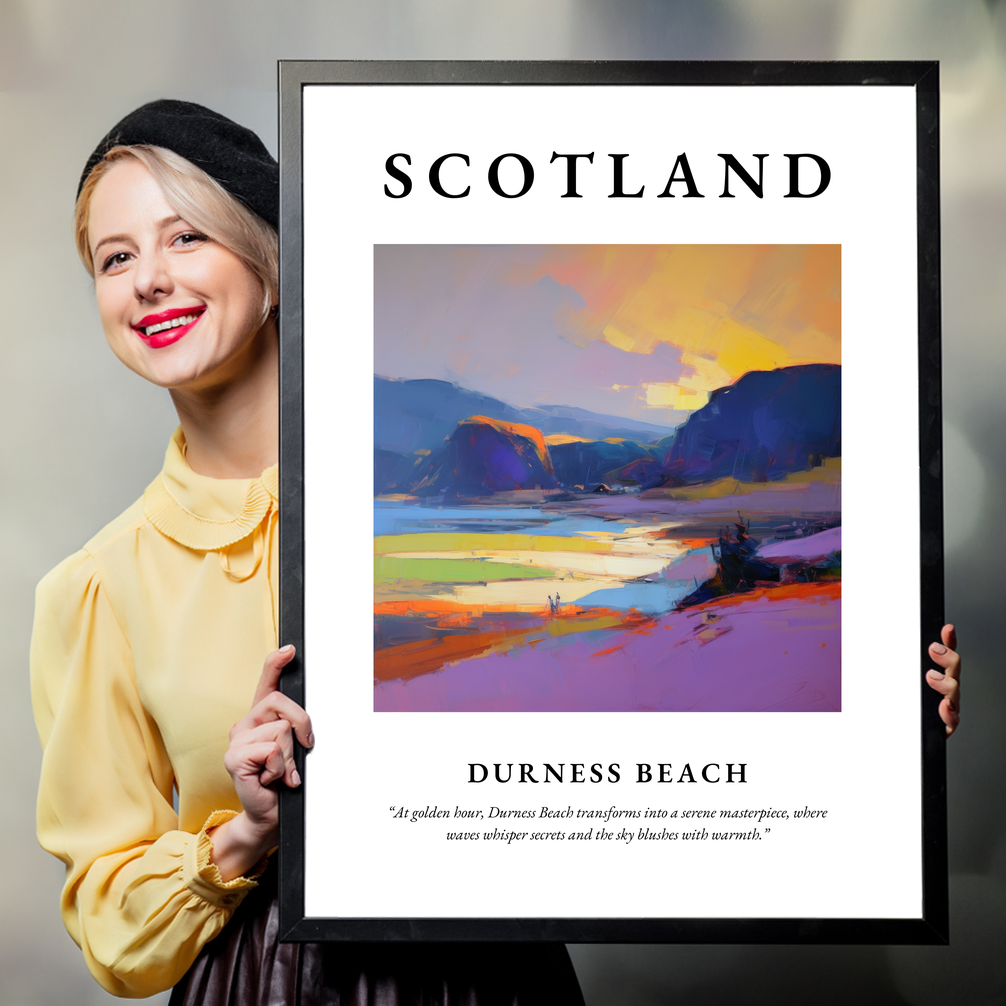 Person holding a poster of Durness Beach