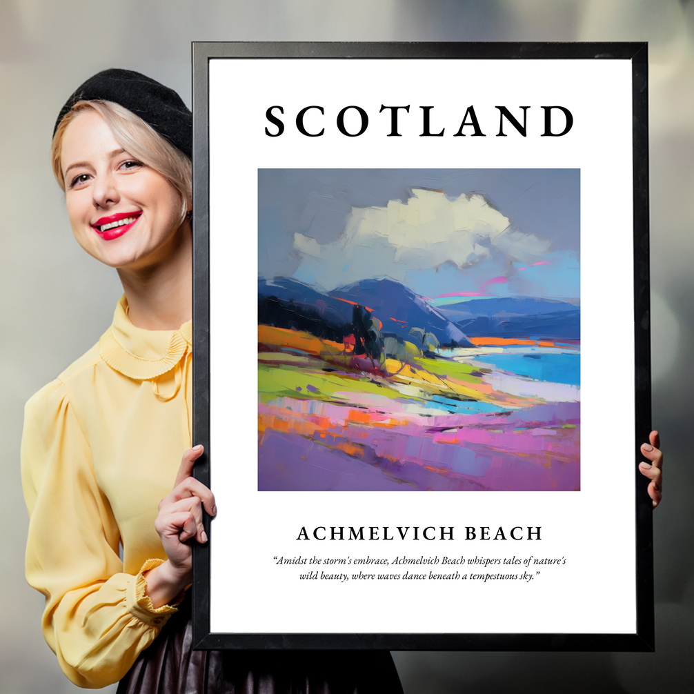 Person holding a poster of Achmelvich Beach