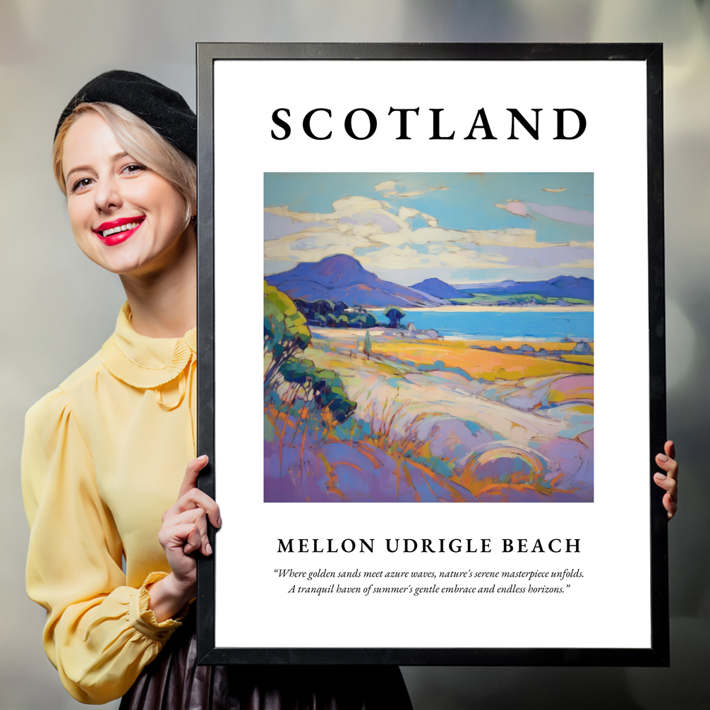 Person holding a poster of Mellon Udrigle Beach