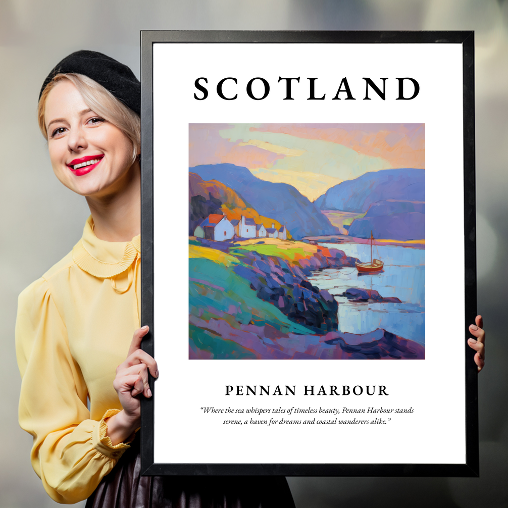 Person holding a poster of Pennan Harbour