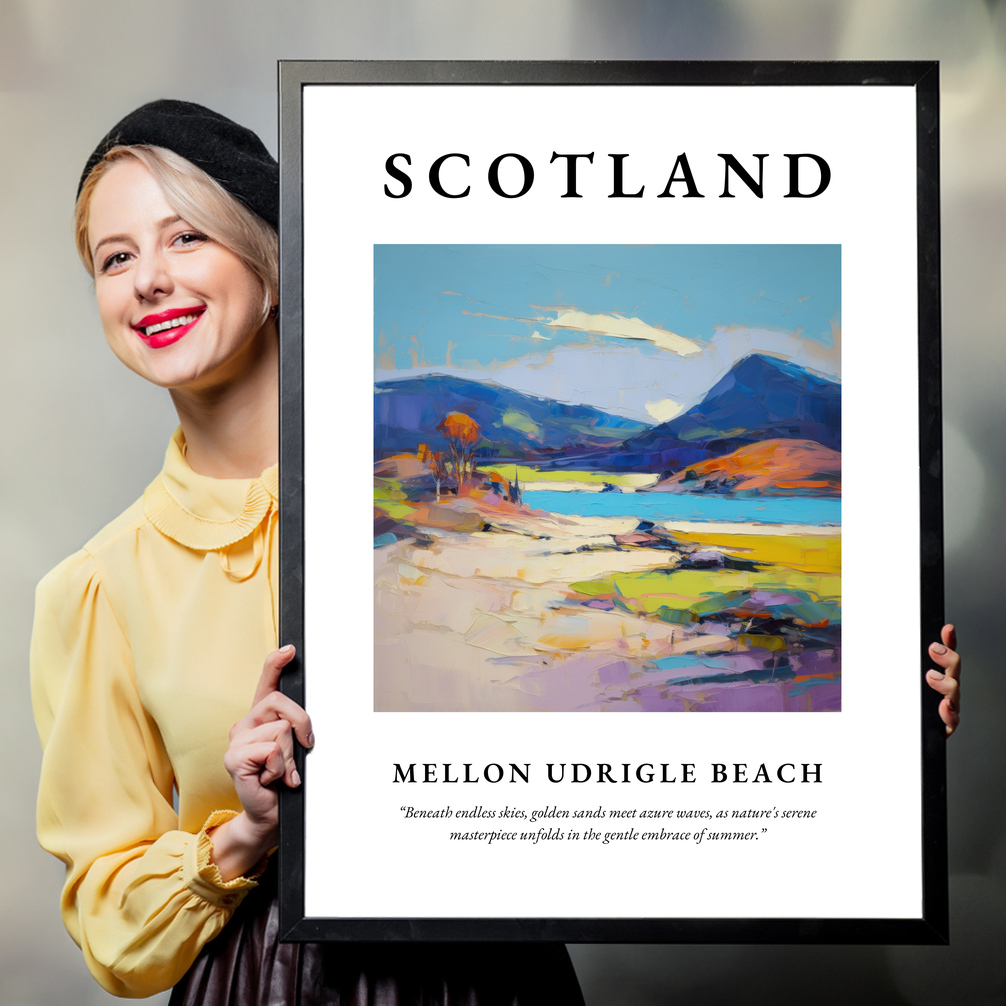 Person holding a poster of Mellon Udrigle Beach