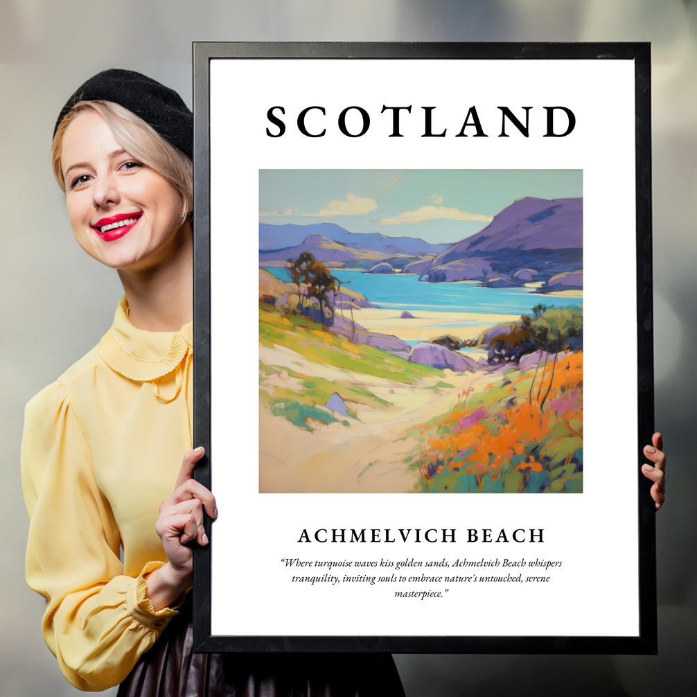 Person holding a poster of Achmelvich Beach