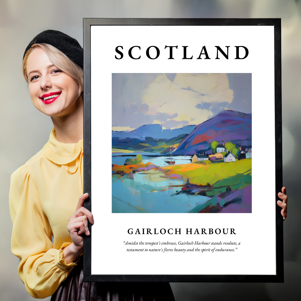 Person holding a poster of Gairloch Harbour