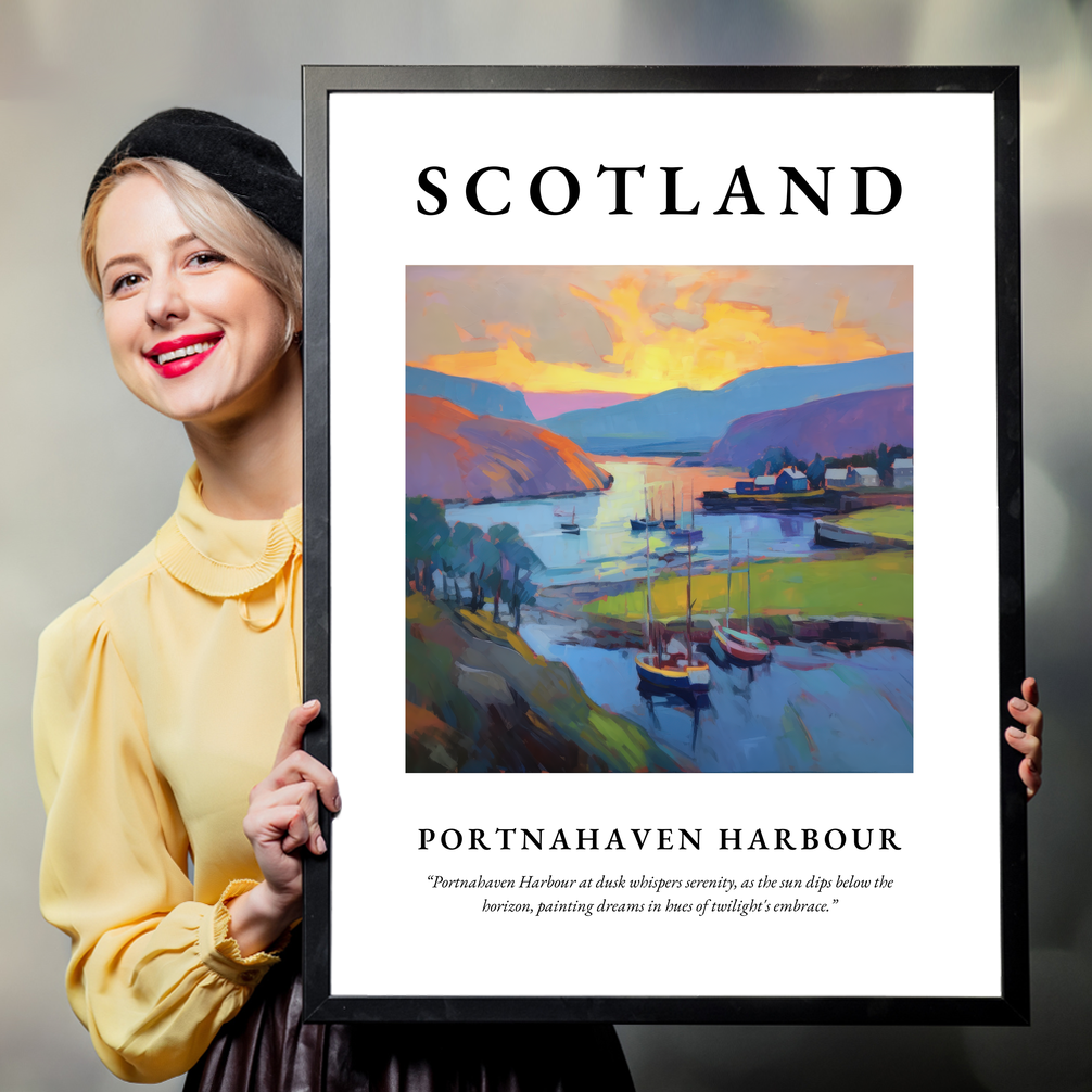 Person holding a poster of Portnahaven Harbour