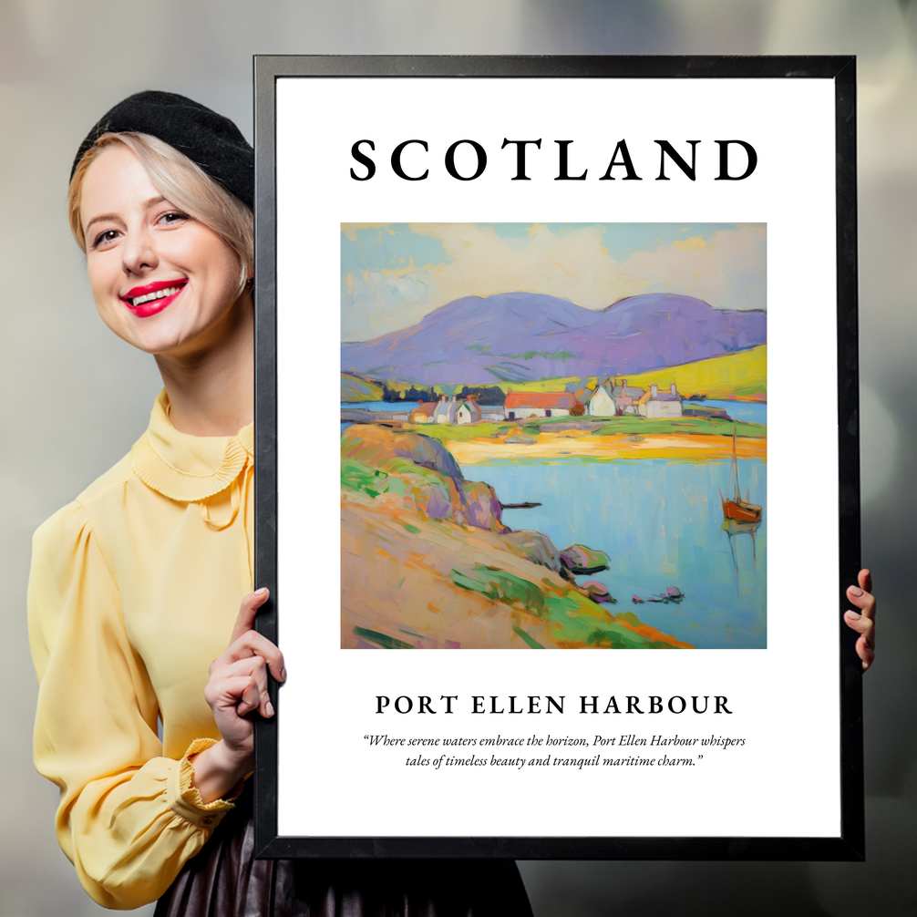 Person holding a poster of Port Ellen Harbour