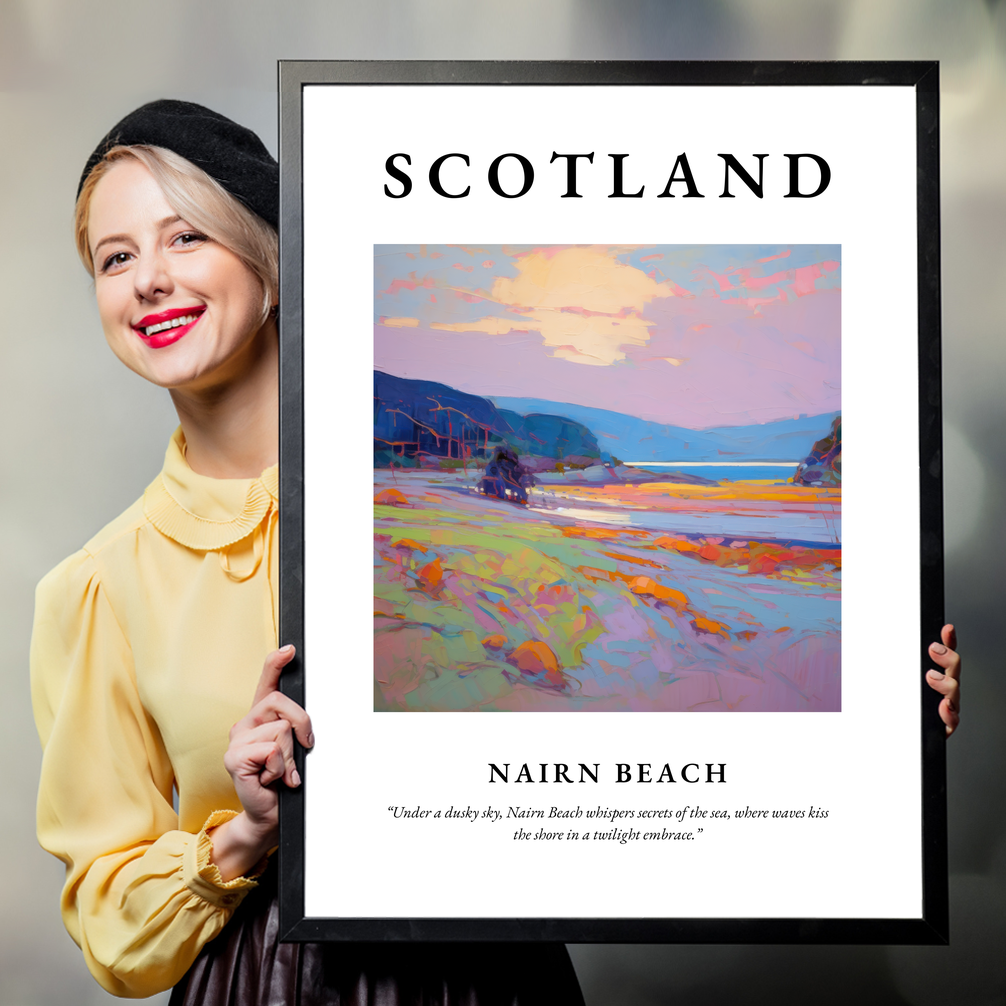 Person holding a poster of Nairn Beach