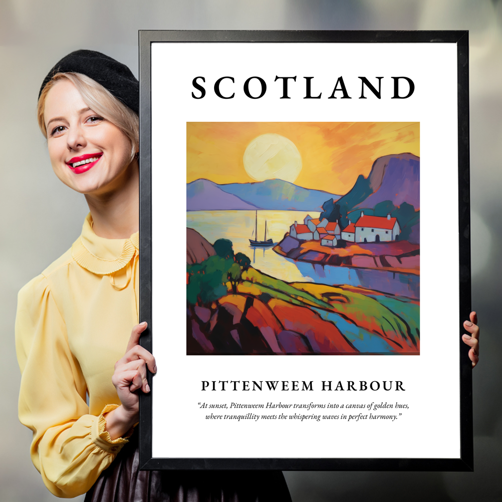 Person holding a poster of Pittenweem Harbour