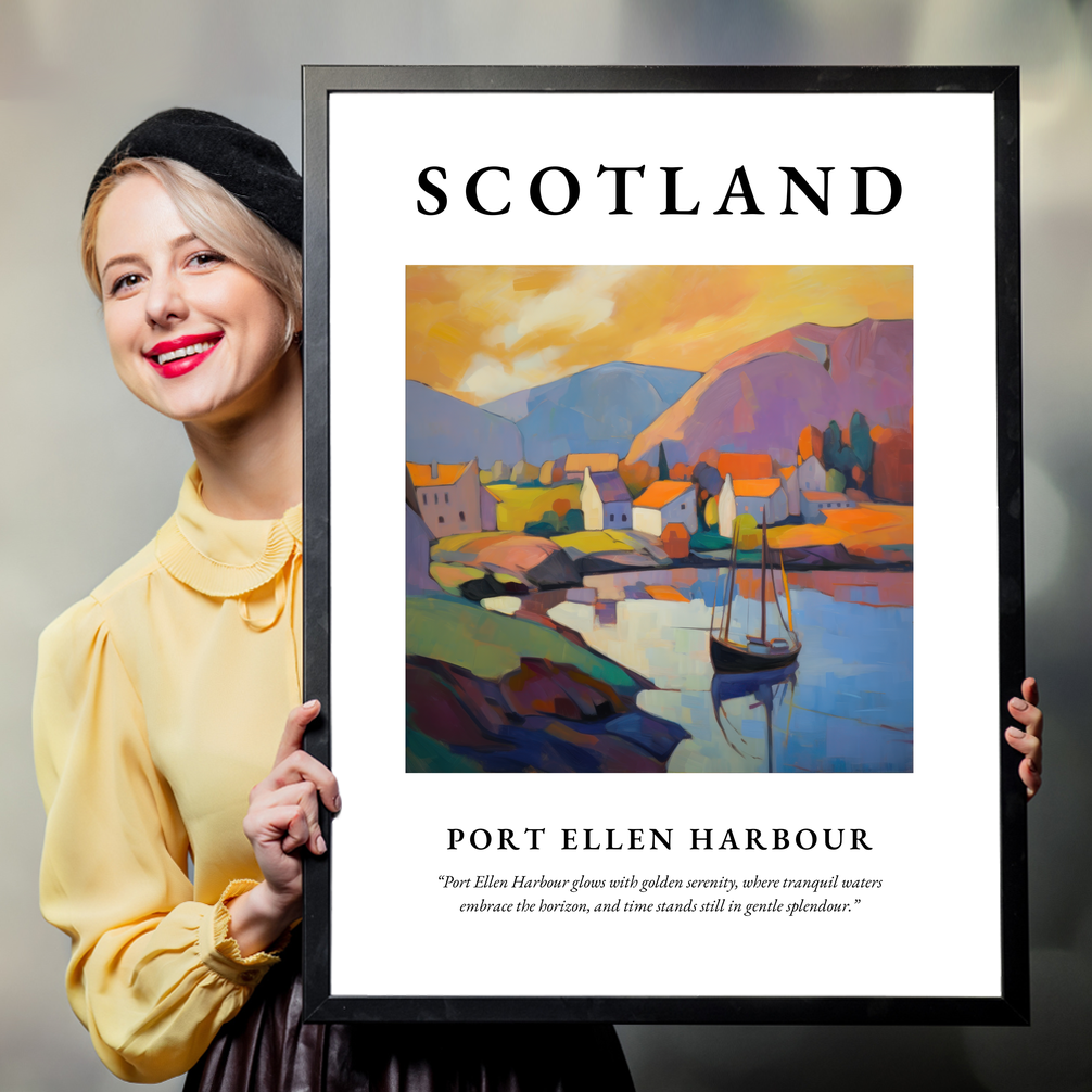 Person holding a poster of Port Ellen Harbour