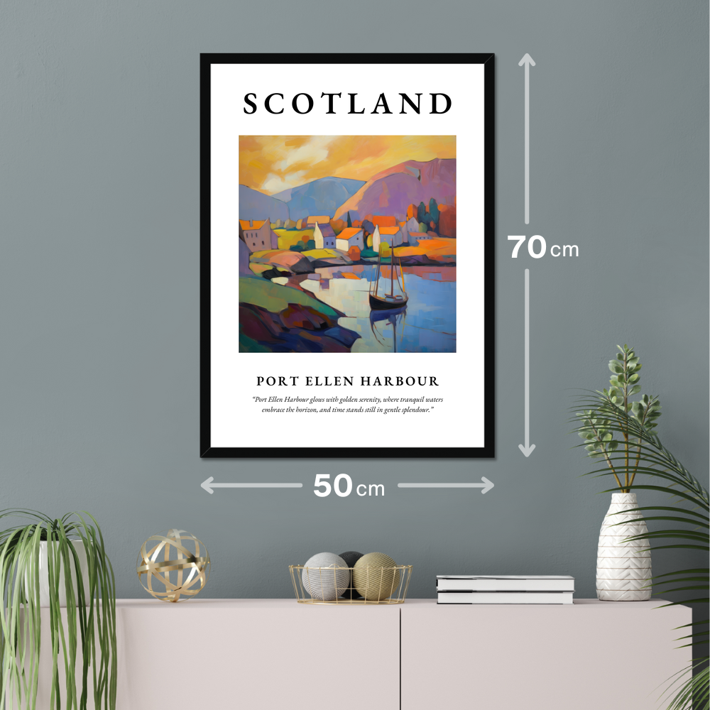 Poster of Port Ellen Harbour hanging on a wall