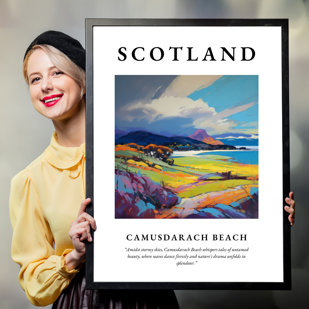 Person holding a poster of Camusdarach Beach