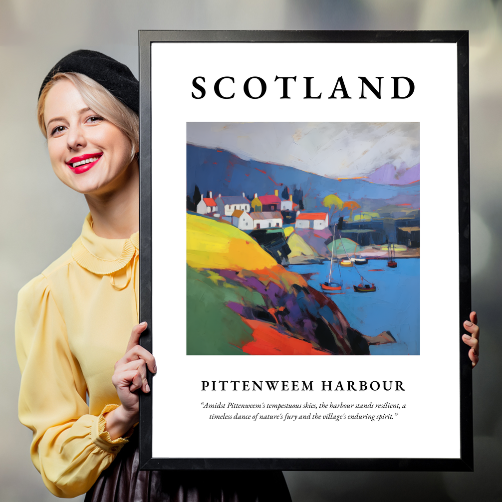 Person holding a poster of Pittenweem Harbour